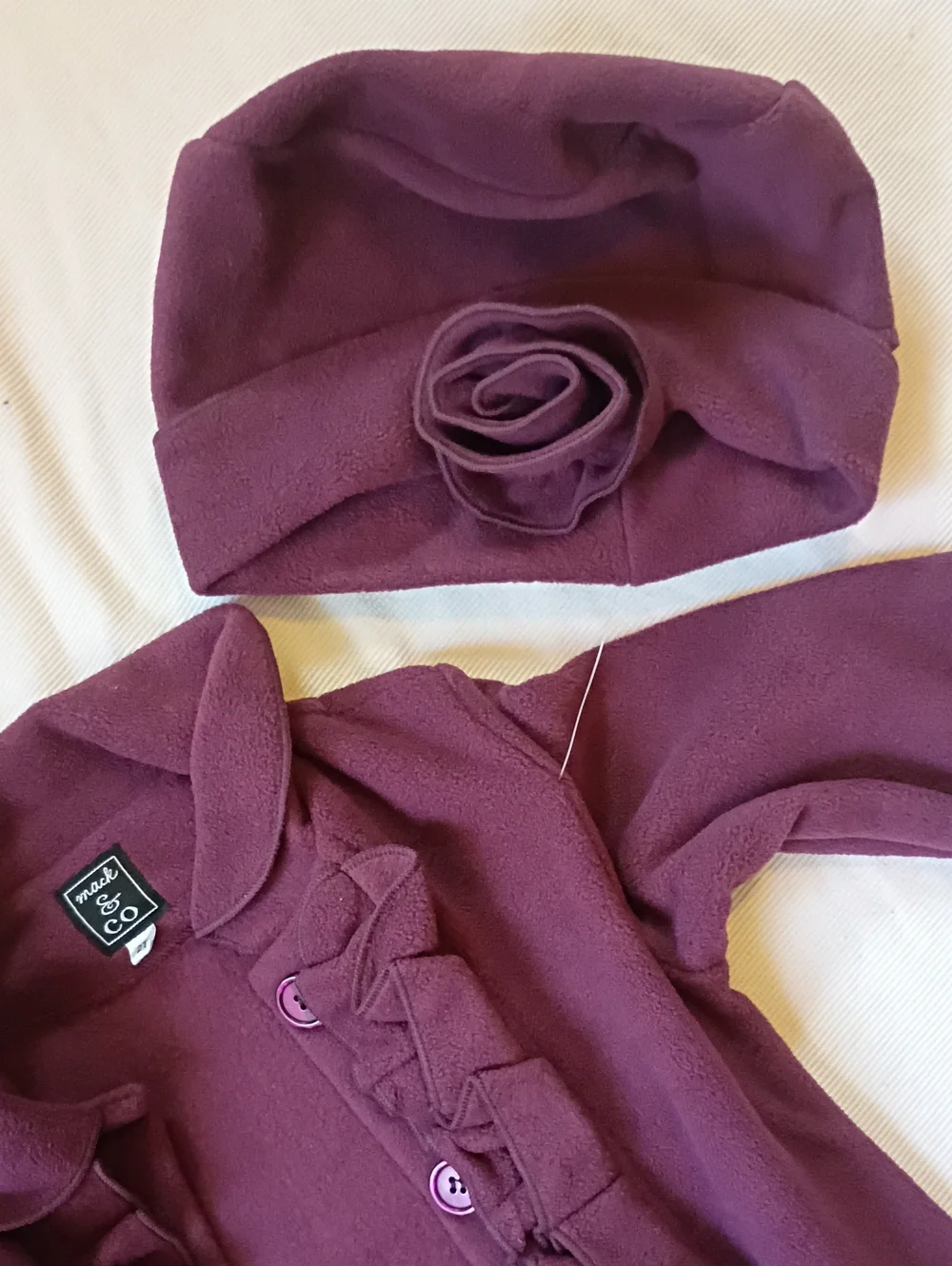 Mac & Co Deep Wine Colored Fleece Button-down Coat And Matching Hat